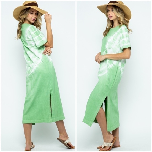 Sage Green Tie Dye Midi T-Shirt Dress - Picture 3 of 7